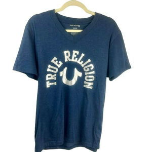 NEW True Religion Shirt Men Unisex Medium V Neck Short Sleeves Metallic‎ Blue